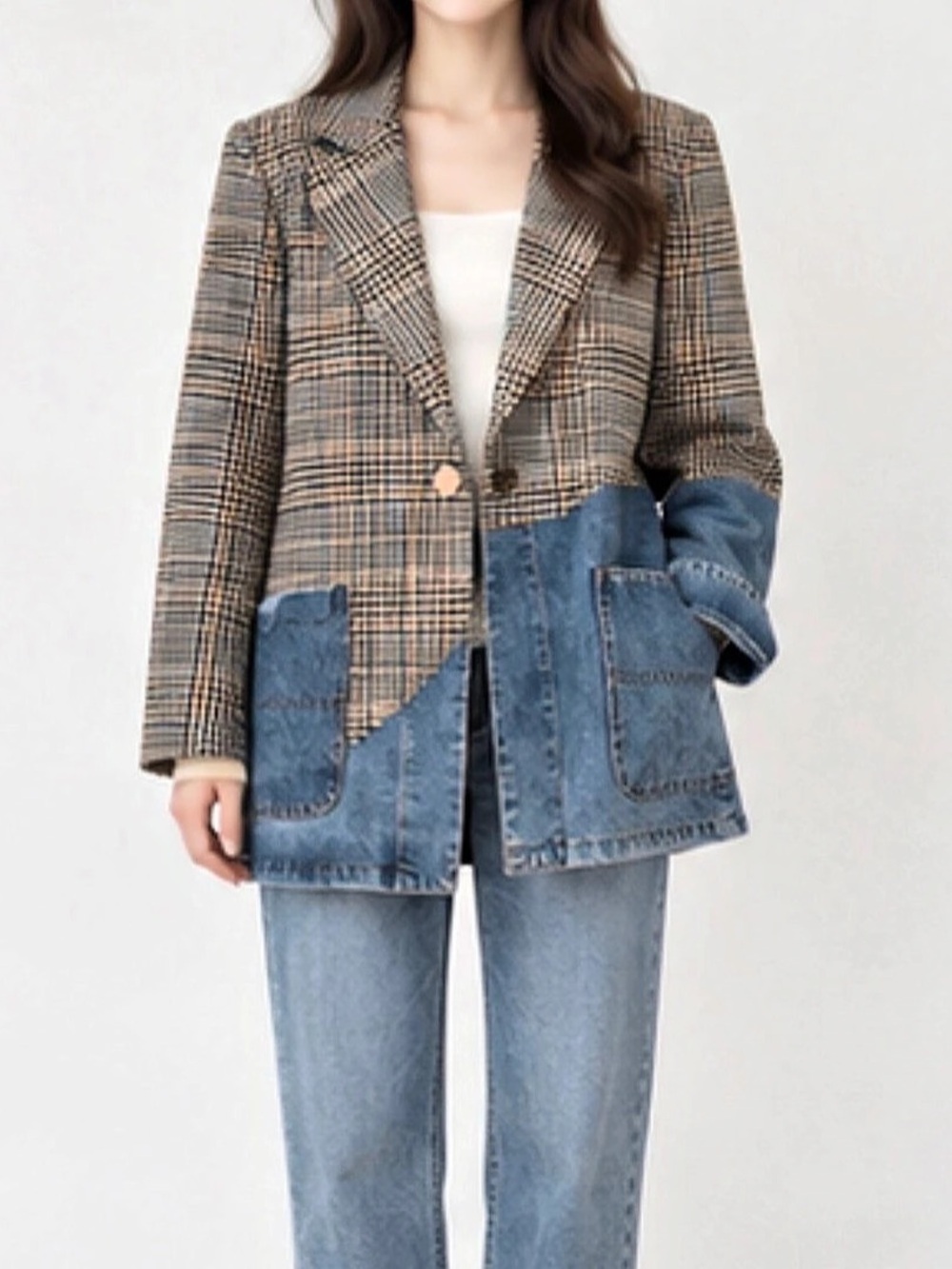 Checked Denim Panel Blazer in Blue & Brown